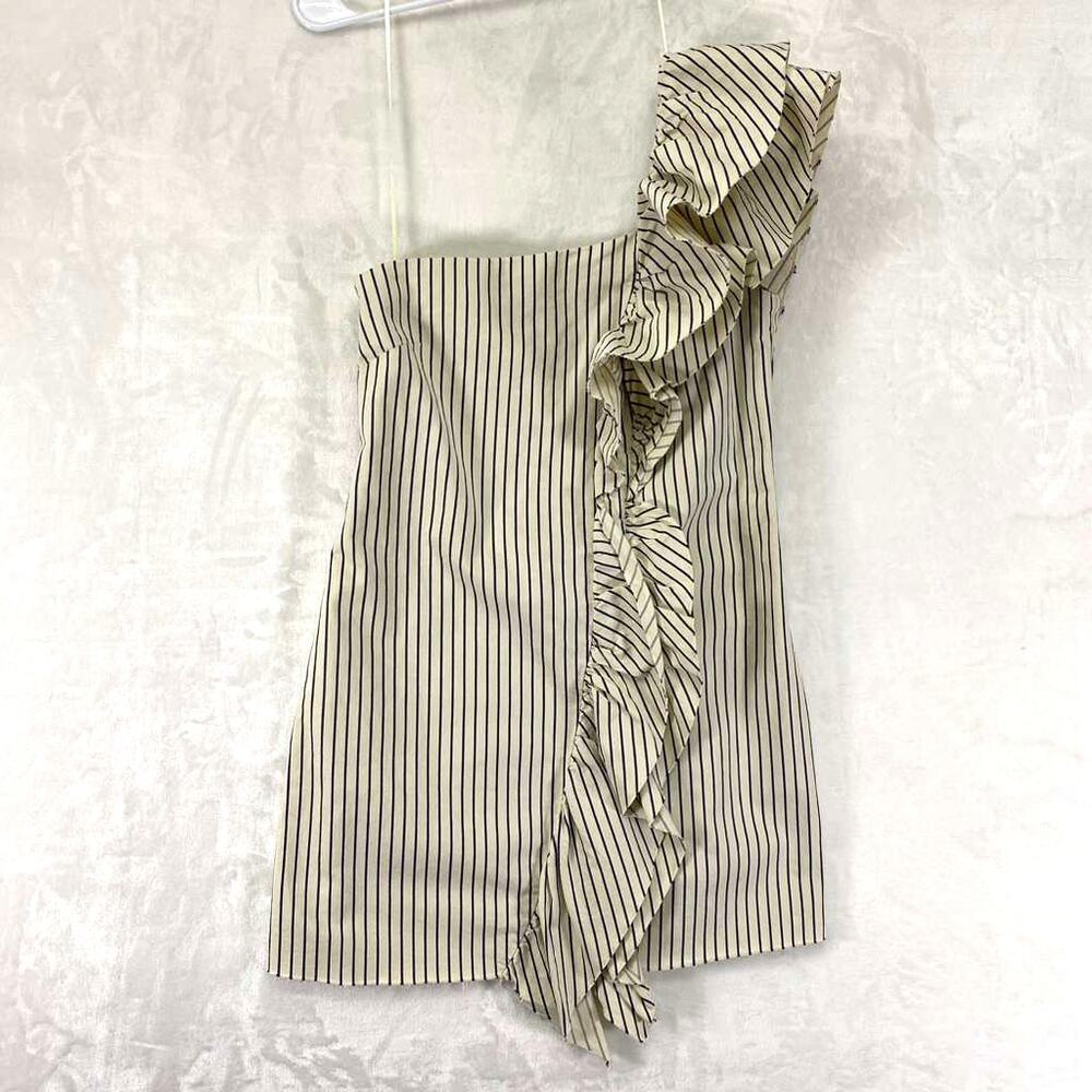 ZARA Denim Dress One Shoulder Ruffle Striped Ivory Blue Bodycon Sz M - Picture 2 of 8